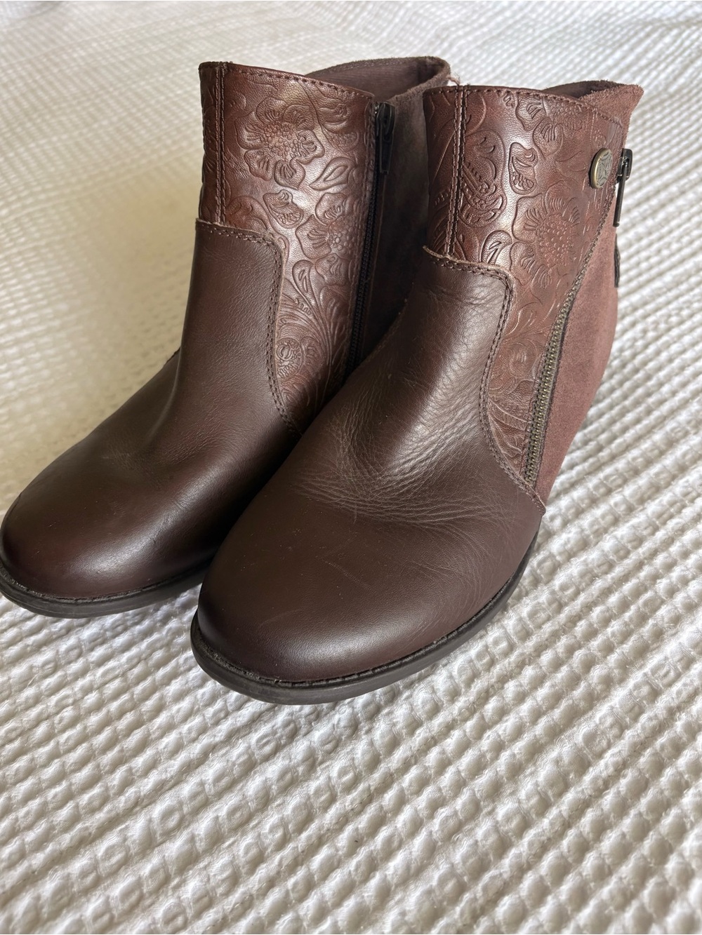 Earth Chocolate Brown Floral Leather Upper Ankle Booties with Side Zip